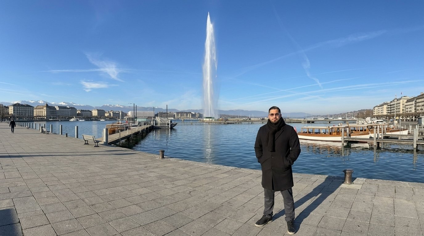 Mohamed Benzaiem sur les quais du lac Léman, devant le Jet d'eau de Genève